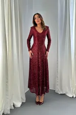 Toptan Bordo Sırt Dekolteli Pulpayet Elbise