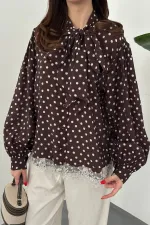 Toptan Kahverengi Puantiyeli Dantelli Gömlek