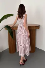 Toptan Bordo Omuzdan Bağlamalı Çizgili Elbise