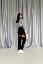 Toptan Siyah Askılı İki Parça Jeans Pantolon