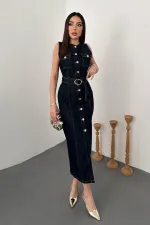 Toptan Lacivert Düğmeli Kot Elbise