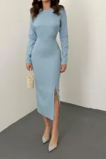 Toptan Mavi Sırt Dekolteli Elbise