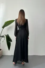 Toptan Siyah Kemerli Şifon Elbise