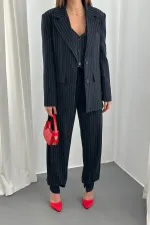 Toptan Lacivert Çizgili Üçlü Takım