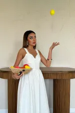 Toptan Ekru Dantel Detaylı Askılı Elbise