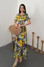 Toptan Mavi Desenli Uzun Pileli Elbise