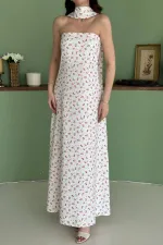 Toptan Beyaz Boyundan Fularlı Elbise