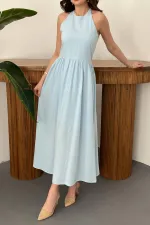 Toptan Bebe Mavi Arkası Gipeli Keten Elbise