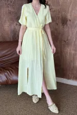 Toptan Sarı Kruvaze Yaka Müslin Keten Elbise