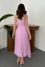 Toptan Lila Göğüs Kuplu Uzun Büzgülü Elbise