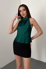 Toptan Zümrüt Degaje Saten Bluz
