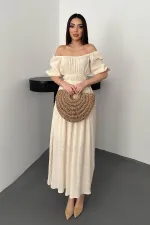 Toptan Bej Yakası Büzgülü Müslin Keten Elbise