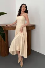 Toptan Bej Göğüs Kuplu Uzun Büzgülü Elbise