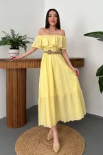 Robe brodée jaune à épaules élastiques en gros
