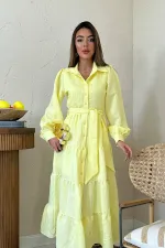 Toptan Sarı Kuşaklı Çizgi Desenli Elbise