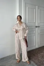 Toptan Bordo Çizgili Saten Takım