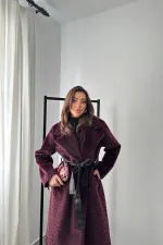 Toptan Bordo Deri Kuşak Garnili Kaban