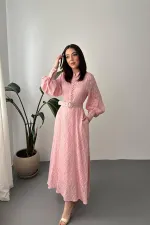 Toptan Pudra Kemer Detaylı Uzun Elbise