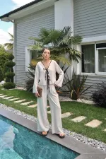 Toptan Bej Fiyonklu Keten Takım