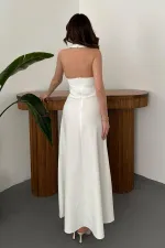 Toptan Ekru Atlas Göğüs Kuplu Elbise