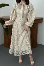 Toptan Bej Yakası Fular Detaylı Elbise