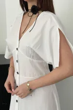 Toptan Beyaz Düğmeli Midi Boy Poplin Elbise