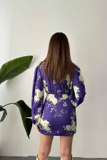 Toptan Mor Desenli Dik Yaka Elbise