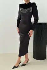 Toptan Siyah Kadife Işıltılı Elbise