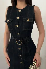 Toptan Lacivert Düğmeli Kot Elbise