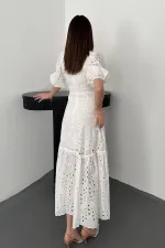 Toptan Beyaz Büzgü Detaylı Dantelli Brode Elbise