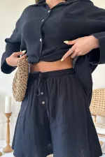 Toptan Siyah Gömlek Ve Müslin Şort Takım