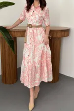 Toptan Pembe Brodeli Kolları Bağcıklı Elbise