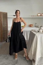 Toptan Siyah Askılı Müslin Elbise