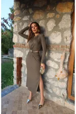 Toptan Haki Pencere Detaylı Büzgülü Elbise