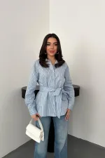 Toptan Bebe Mavi Boyundan Bağlamalı Çizgili Gömlek