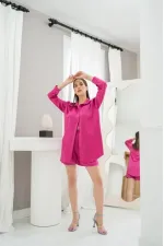 Toptan Fuşya Saten Şortlu Takım