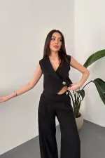 Wholesale Black Asymmetrical Vest and Pants Set
