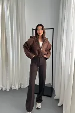 Toptan Kahverengi Kısa Kapüşonlu Ceket