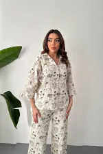 Toptan Bej Nakışlı Keten Takım