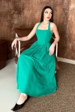 Toptan Yeşil Boyundan Bağlamalı Keten Elbise