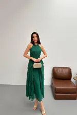 Toptan Zümrüt Önü Büzgülü Fırfırlı Elbise