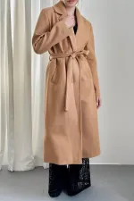 Toptan Camel Kuşaklı Midi Kaban