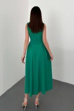 Toptan Yeşil Yanları Büzgülü Midi Boy Keten Elbise