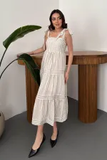 Toptan Bej Omuzdan Bağlamalı Çizgili Elbise