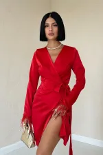Robe en satin rouge à nouer sur le côté, vente en gros