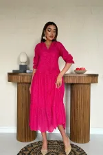 Toptan Fuşya Dantelli New Elbise