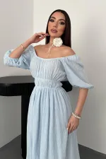 Robe en mousseline de lin bleu bébé à col froncé en gros
