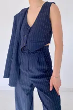 Wholesale Navy Blue Striped Jacket & Vest and Trouser Set