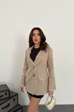 Wholesale Beige Striped Lined Garnished Suede Jacket