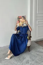 Ensemble veste à volants fine et jupe froncée bleu marine en gros